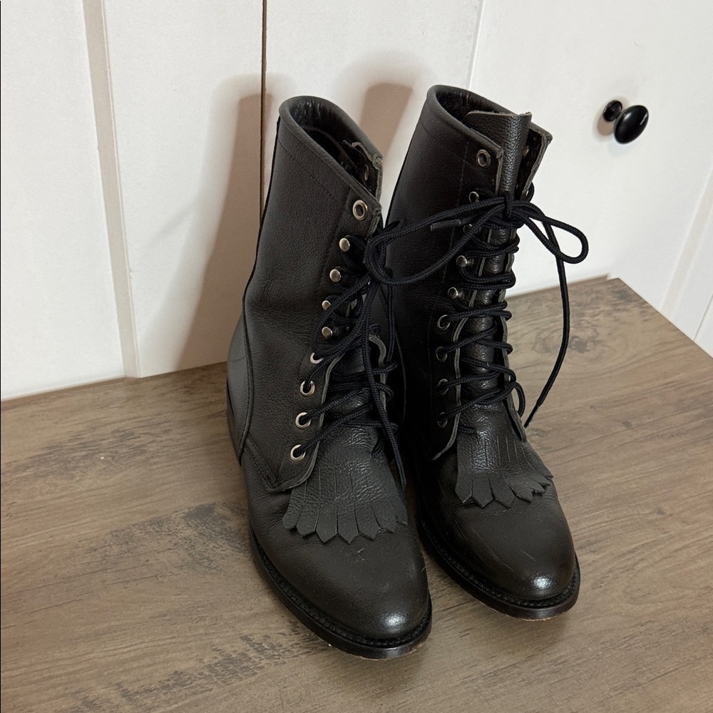 Zacuda by Dan Post Black Leather Lace-Up Western Roper Riding boots - 5